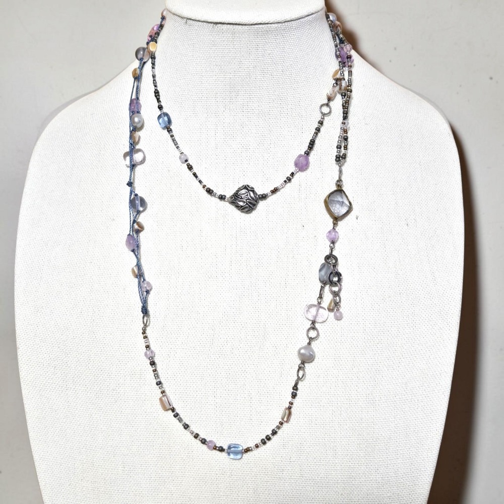 Silpada Sterling Silver Amethyst Pearl Brass Shell Long Cord Necklace N2246 44"